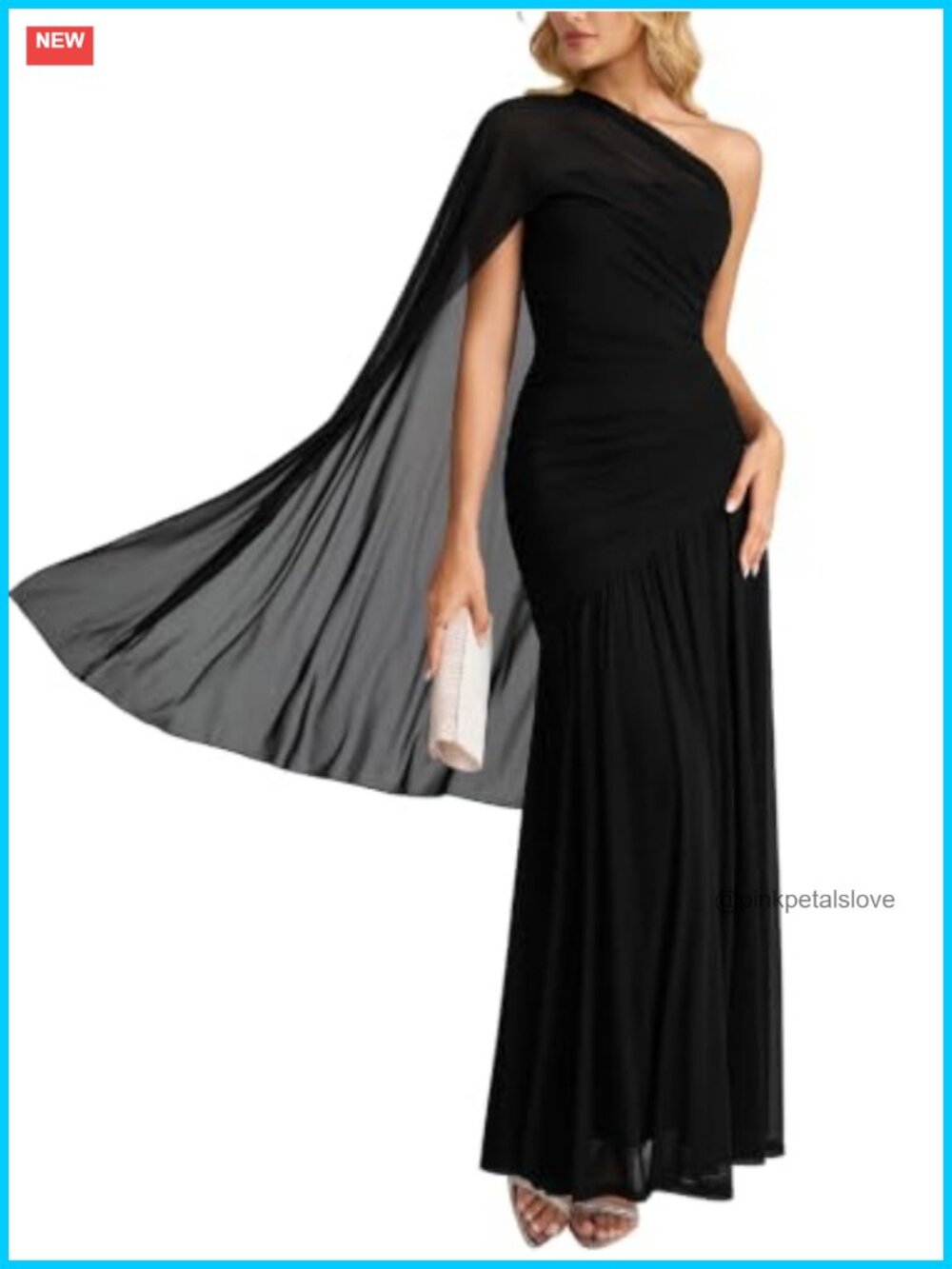 One Shoulder Mesh Cape Maxi Formal Wedding Guest Dress